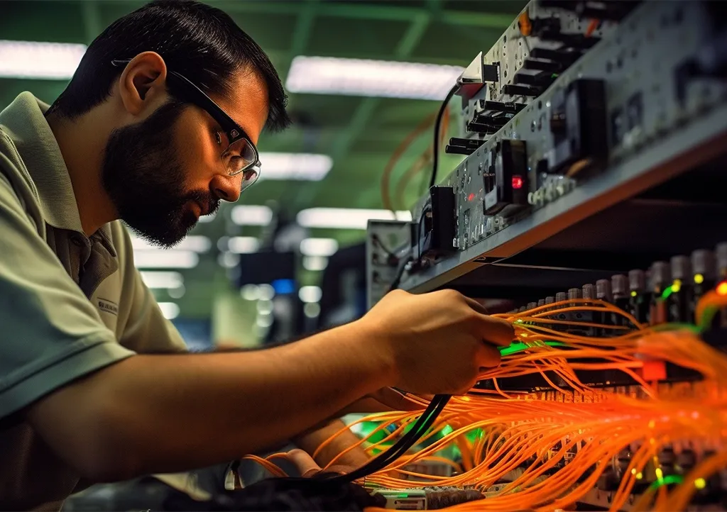 Un technicien installe des câbles à fibre optique dans un centre de données, manipulant des connexions de câblage avec précision.